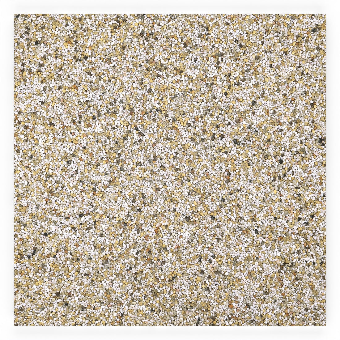 Steinteppich Fliese Quarz "Sand" mit den Maßen 50 cm x 50 cm x 11 mm. Der Steinteppich hat einen gelb-weißen Farbton. Die Steinteppich Fliese sieht man in der Vogelperspektive.