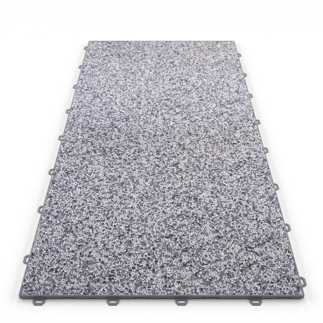 Klick Steinteppich Treppenelement Quarz "Silber" DRAINfloor mit den Maßen 100 cm x 50 cm x 11 mm. Der Steinteppich hat einen silber-weißen Farbton und einen Rahmen in der Farbe Grau.