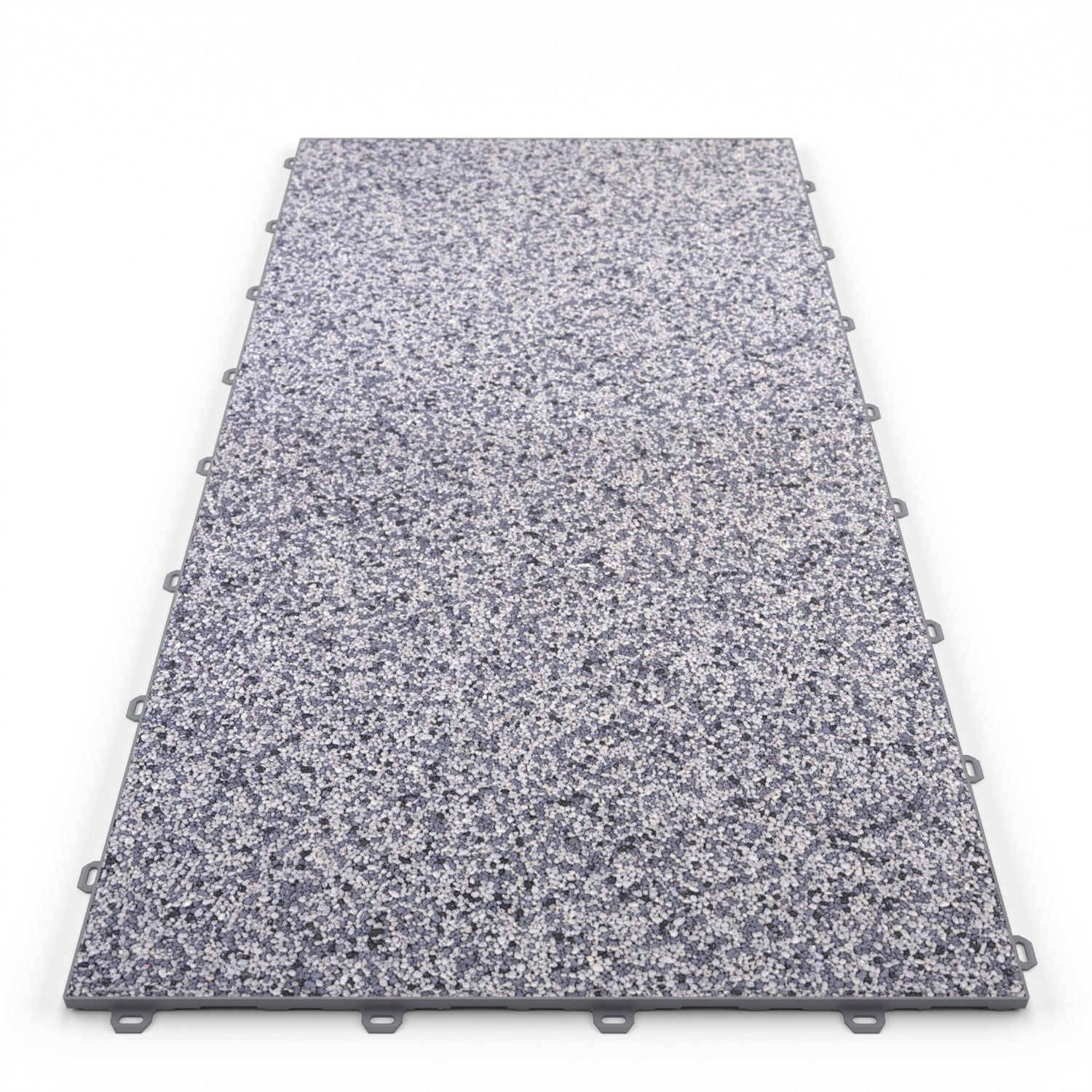 Klick Steinteppich Treppenelement Quarz "Silber" DRAINfloor mit den Maßen 100 cm x 50 cm x 11 mm. Der Steinteppich hat einen silber-weißen Farbton und einen Rahmen in der Farbe Grau.