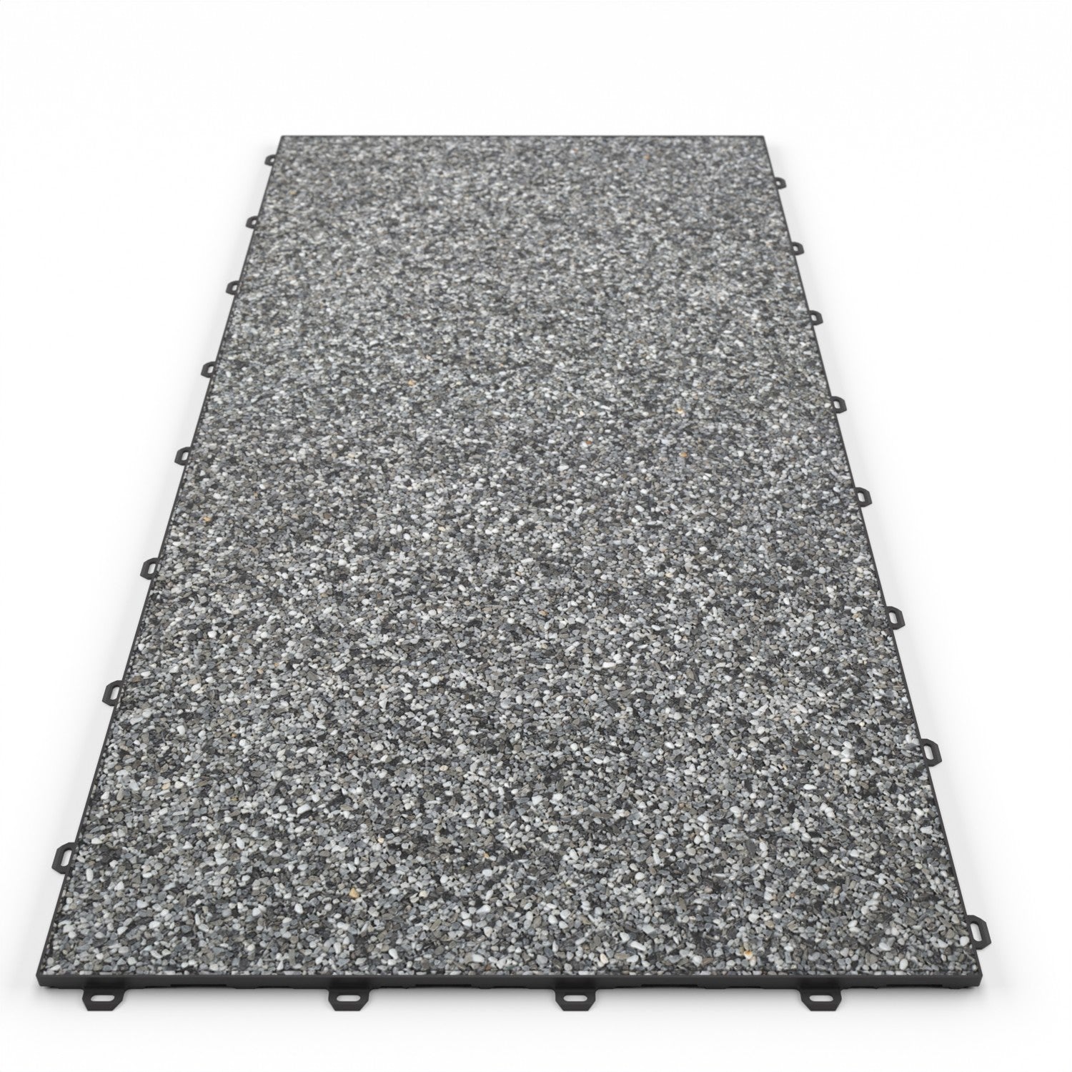 Klick Steinteppich Treppenelement Marmor Tahiti DRAINfloor mit den Maßen 100 cm x 50 cm x 11 mm. Der Steinteppich hat einen dunkelgrauen Farbton und einen Rahmen in der Farbe Anthrazit.