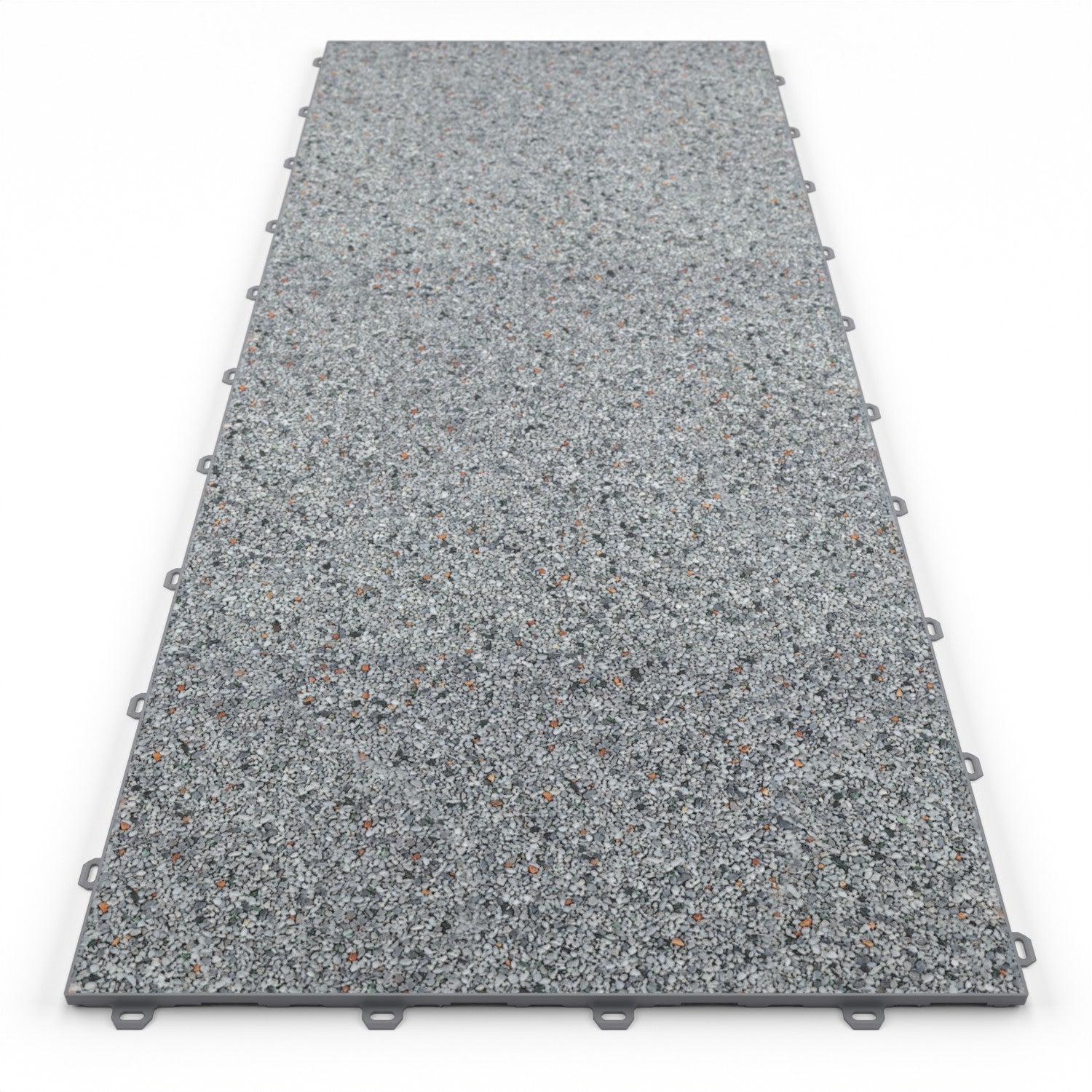 Klick Steinteppich Treppenelement Marmor Bodensee DRAINfloor mit den Maßen 125 cm x 50 cm x 11 mm. Der Steinteppich hat einen hellgrauen Farbton und einen Rahmen in der Farbe Grau.