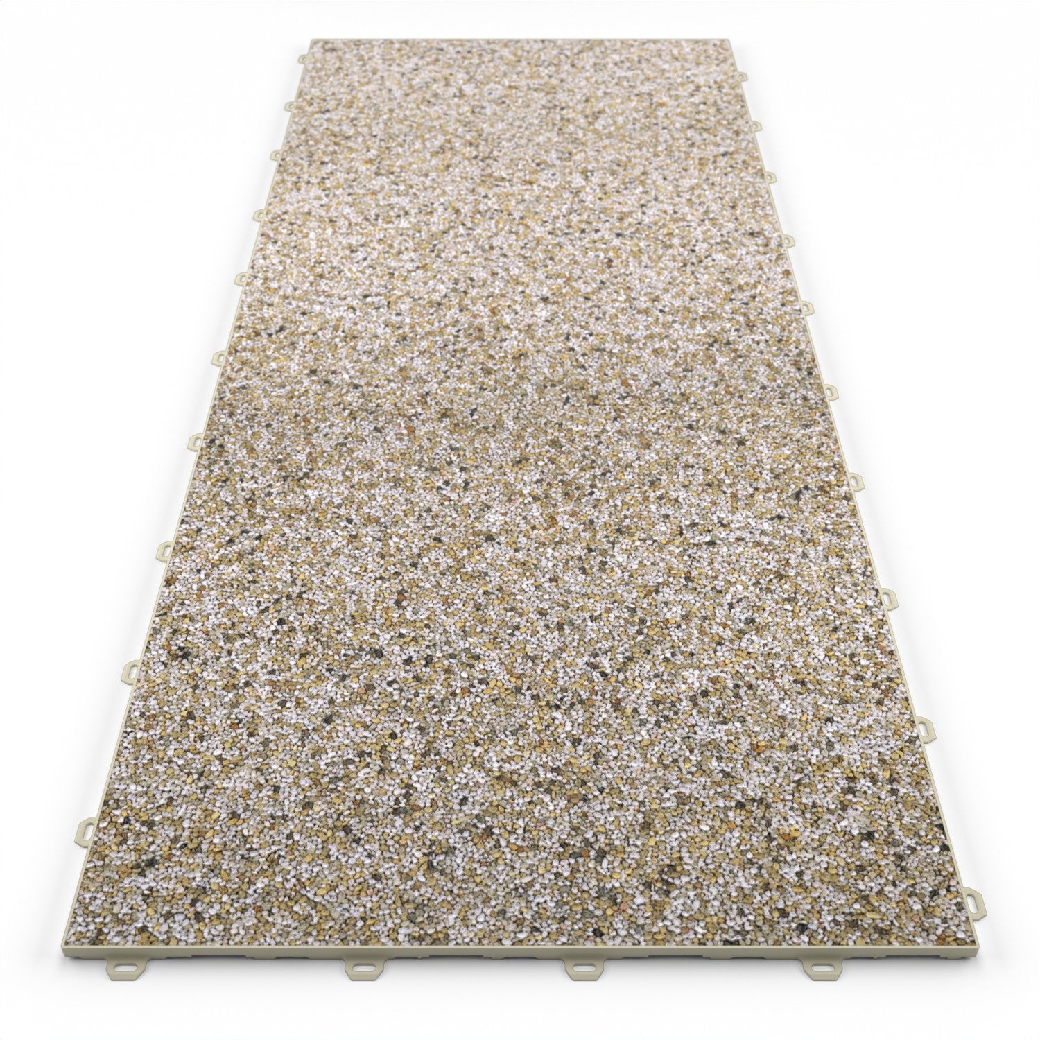 Klick Steinteppich Treppenelement Quarz "Sand" DRAINfloor mit den Maßen 125 cm x 50 cm x 11 mm. Der Steinteppich hat einen gelb-weißen Farbton und einen Rahmen in der Farbe Beige.