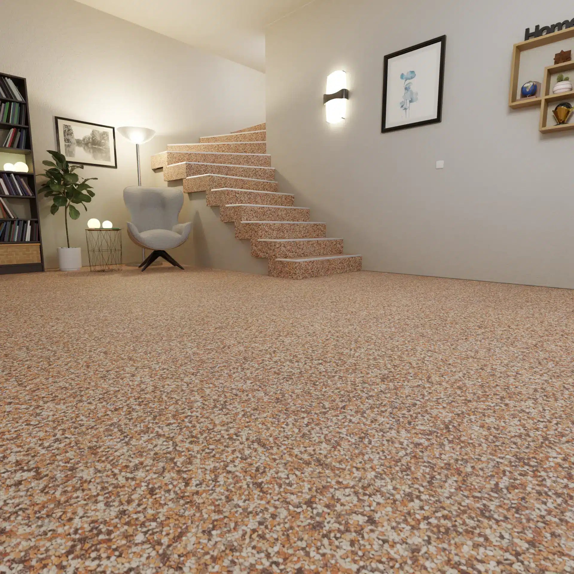 Flow-Steinteppich Innenraum mit Treppe