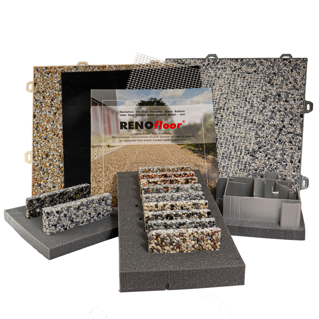 Inhalt der RENOfloor Musterbox – Steinteppich-Farbmuster und Original-Elemente