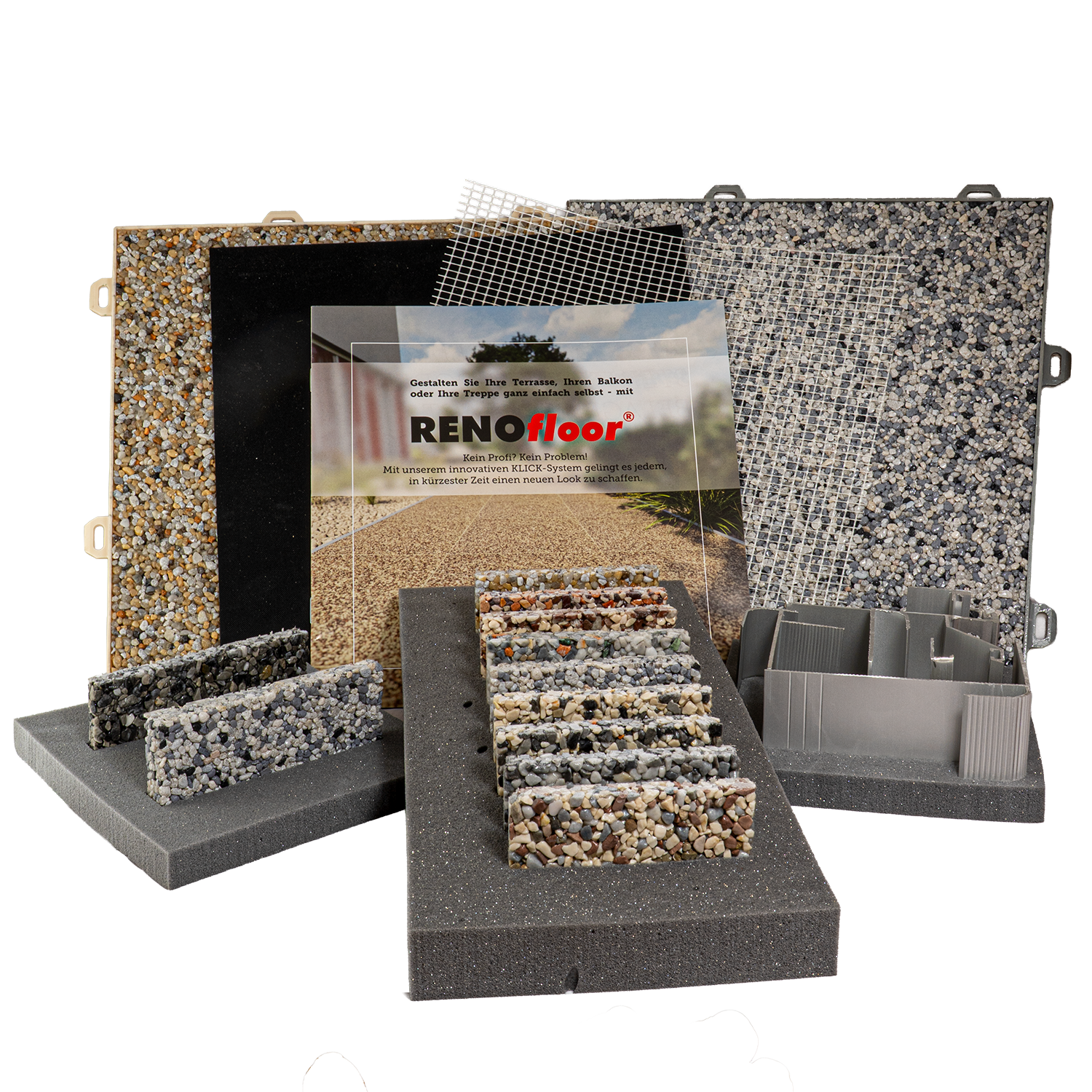 Inhalt der RENOfloor Musterbox – Steinteppich-Farbmuster und Original-Elemente