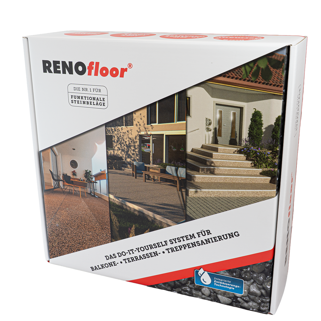 RENOfloor Musterbox Steinteppich – Verpackung mit 9 Farbmustern