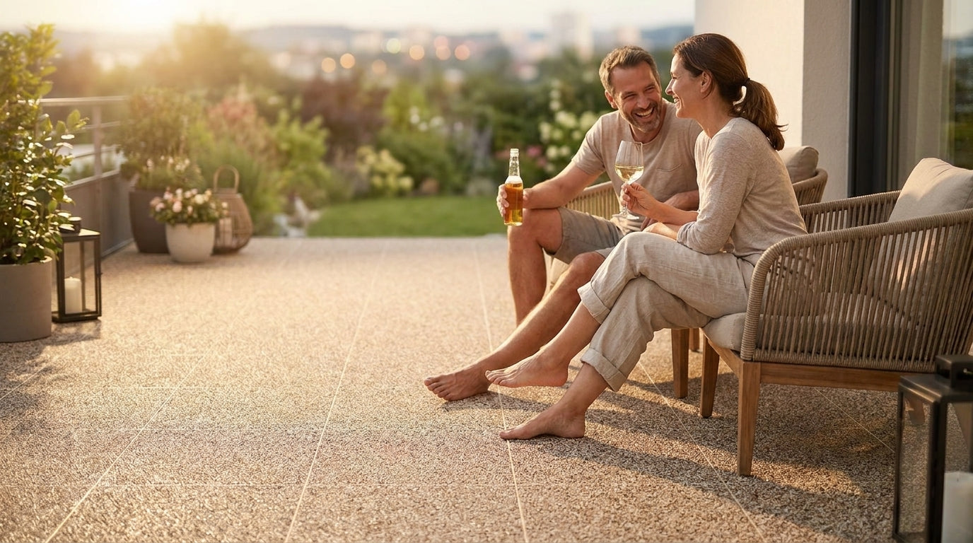 Paar entspannt barfuß auf DRAINfloor Klick Terrasse am Abend