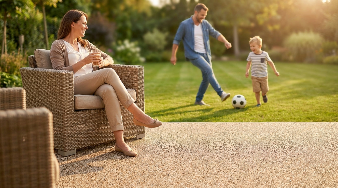 Familie im Garten — Frau entspannt auf Steinteppich-Terrasse, Vater und Sohn spielen Fußball