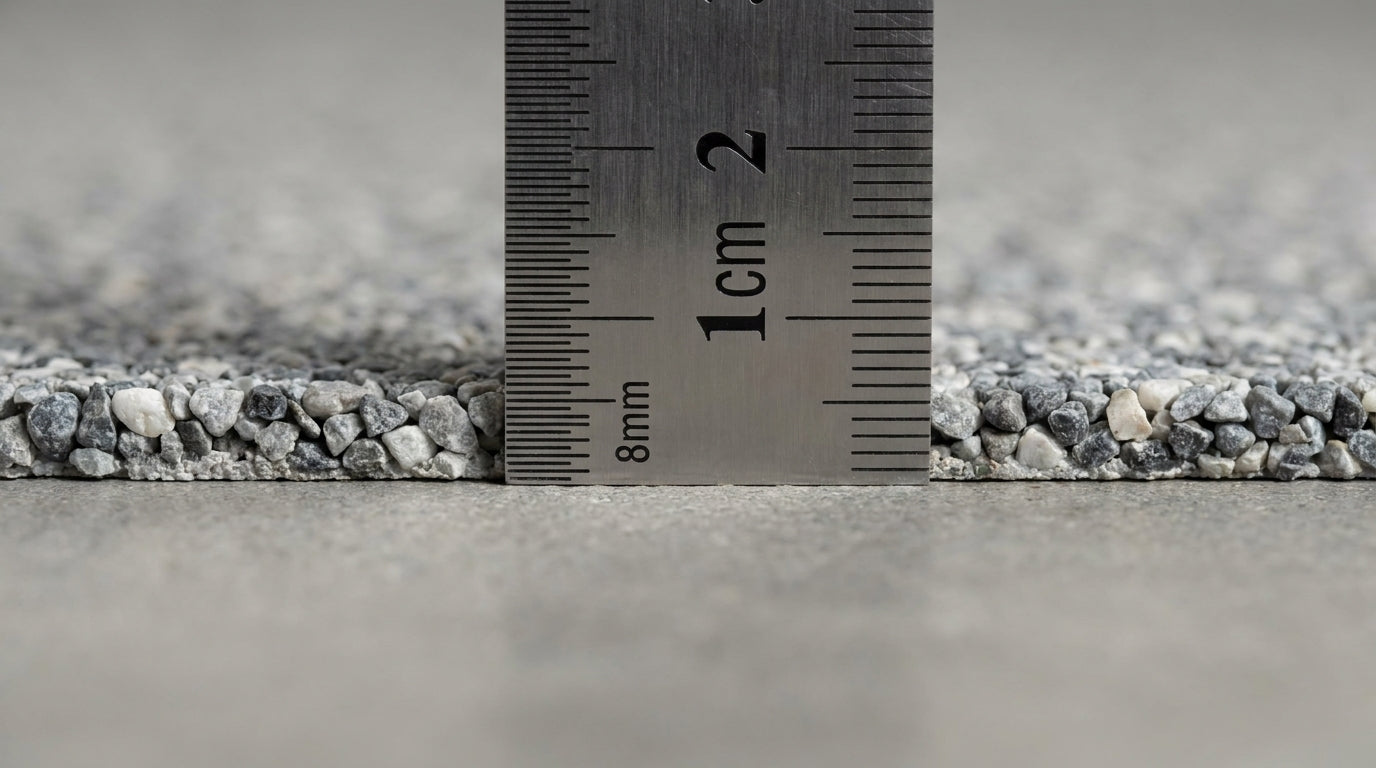Flow-Steinteppich Querschnitt mit Lineal — nur 8 mm Aufbauhöhe