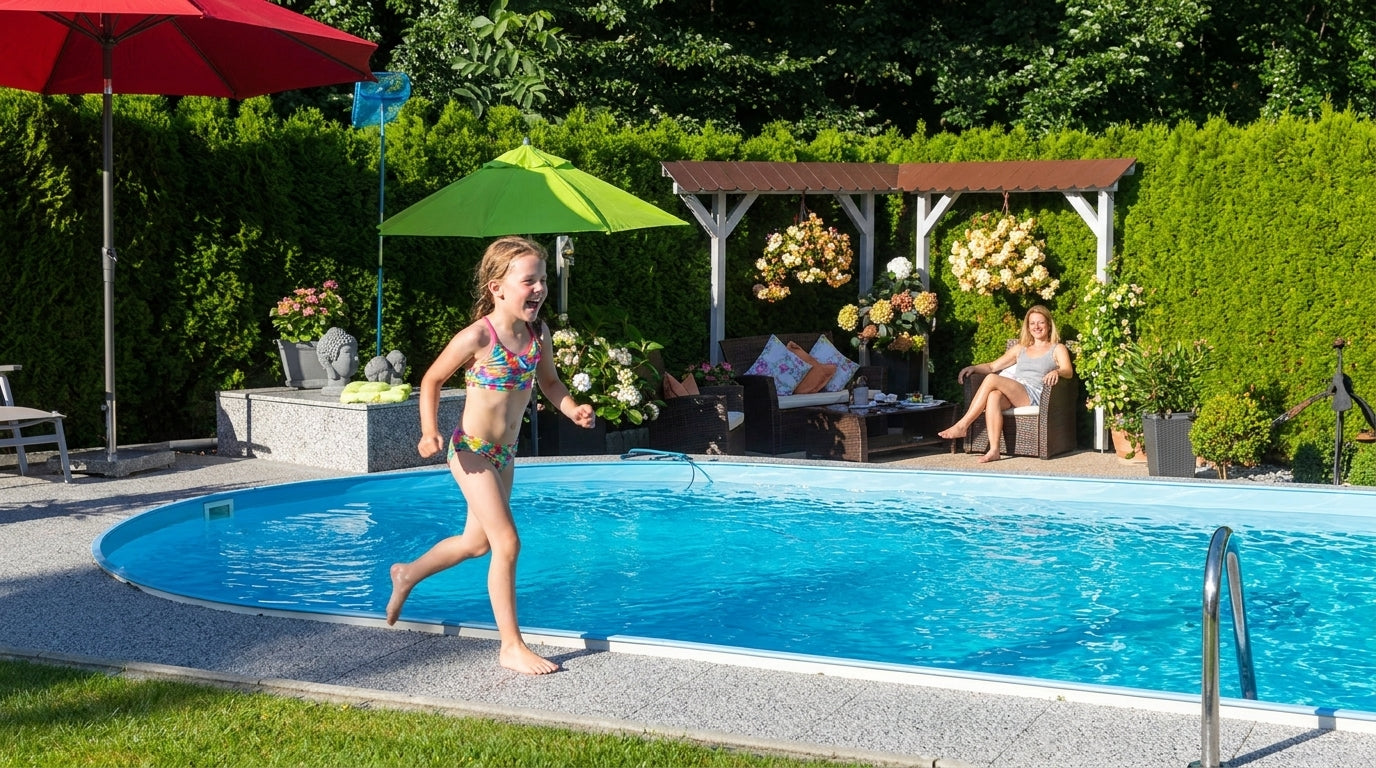 Kind läuft barfuß am Pool über rutschhemmenden DRAINfloor Steinteppich — sorgenfrei mit 10 Jahren Garantie