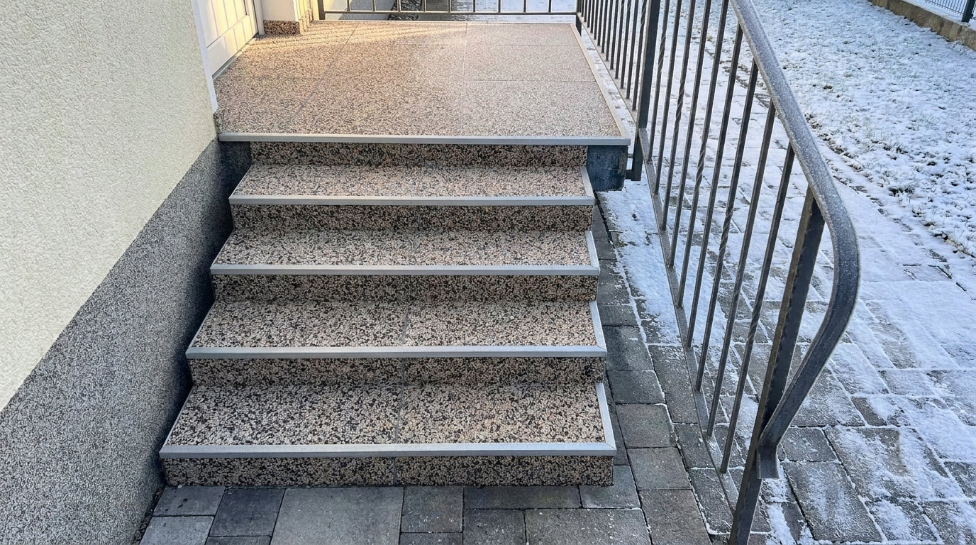 Modul-Steinteppich Außentreppe im Winter — frostsicher