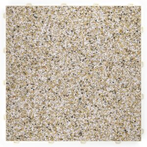 Klick Steinteppich Quarz "Sand" DRAINfloor mit den Maßen 50 cm x 50 cm x 11 mm. Der Steinteppich hat einen gelb-weißen Farbton und einen Rahmen in der Farbe Beige.