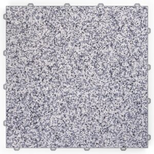 Klick Steinteppich Quarz "Silber" DRAINfloor mit den Maßen 50 cm x 50 cm x 11 mm. Der Steinteppich hat einen silber-weißen Farbton und einen Rahmen in der Farbe Grau.