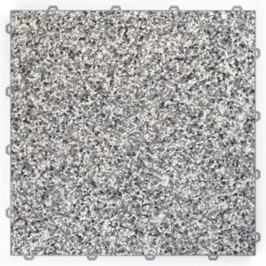 Klick Steinteppich Marmor Teneriffa DRAINfloor mit den Maßen 50 cm x 50 cm x 11 mm. Der Steinteppich hat einen grau-weißen Farbton und einen Rahmen in der Farbe Grau.