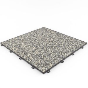 Klick Steinteppich Marmor Winter Night DRAINfloor mit den Maßen 500 cm x 500 cm x 11 mm. Der Steinteppich hat einen grau-beigen Farbton und einen Anthrazit Rahmen. Aus der seitlichen Perspektive.