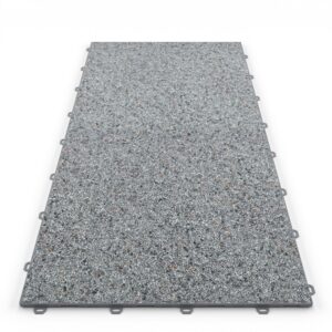 Klick Steinteppich Treppenelement Marmor Bodensee DRAINfloor mit den Maßen 100 cm x 50 cm x 11 mm. Der Steinteppich hat einen hellgrauen Farbton und einen Rahmen in der Farbe Grau.