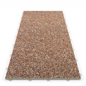 Klick Steinteppich Treppenelement Marmor Cappuccino DRAINfloor mit den Maßen 100 cm x 50 cm x 11 mm. Der Steinteppich hat einen hellroten Farbton und einen Rahmen in der Farbe Beige.