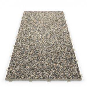 Klick Steinteppich Treppenelement Marmor Ibiza DRAINfloor mit den Maßen 100 cm x 50 cm x 11 mm. Der Steinteppich hat einen dunkelbeigen-grauen Farbton und einen Rahmen in der Farbe Beige.