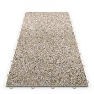 Klick Steinteppich Treppenelement Quarz "Sand" DRAINfloor mit den Maßen 100 cm x 50 cm x 11 mm. Der Steinteppich hat einen gelb-weißen Farbton und einen Rahmen in der Farbe Beige.
