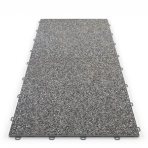 Klick Steinteppich Treppenelement Marmor Schiefer DRAINfloor mit den Maßen 100 cm x 50 cm x 11 mm. Der Steinteppich hat einen dunkelgrauen Farbton und einen Rahmen in der Farbe Grau.