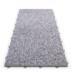 Klick Steinteppich Treppenelement Quarz "Silber" DRAINfloor mit den Maßen 100 cm x 50 cm x 11 mm. Der Steinteppich hat einen silber-weißen Farbton und einen Rahmen in der Farbe Grau.