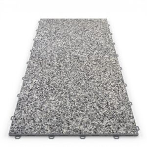 Klick Steinteppich Treppenelement Marmor Teneriffa DRAINfloor mit den Maßen 100 cm x 50 cm x 11 mm. Der Steinteppich hat einen grau-weißen Farbton und einen Rahmen in der Farbe Grau.