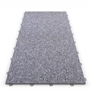 Klick Steinteppich Treppenelement Quarz "Zink" DRAINfloor mit den Maßen 100 cm x 50 cm x 11 mm. Der Steinteppich hat einen grau-schwarzen Farbton und einen Rahmen in der Farbe Grau.
