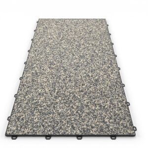 Klick Steinteppich Treppenelement Marmor Winter Night DRAINfloor mit den Maßen 100 cm x 50 cm x 11 mm. Der Steinteppich hat einen grau-beigen Farbton und einen Rahmen in der Farbe Anthrazit.