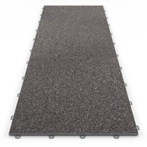 Klick Steinteppich Treppenelement Marmor Basalt DRAINfloor mit den Maßen 125 cm x 50 cm x 11 mm. Der Steinteppich hat einen Anthrazit Farbton und einen Rahmen in der Farbe Grau.