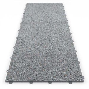 Klick Steinteppich Treppenelement Marmor Bodensee DRAINfloor mit den Maßen 125 cm x 50 cm x 11 mm. Der Steinteppich hat einen hellgrauen Farbton und einen Rahmen in der Farbe Grau.