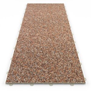 Klick Steinteppich Treppenelement Marmor Cappuccino DRAINfloor mit den Maßen 125 cm x 50 cm x 11 mm. Der Steinteppich hat einen hellroten Farbton und einen Rahmen in der Farbe Beige.