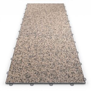 Klick Steinteppich Treppenelement Marmor Himalaya DRAINfloor mit den Maßen 125 cm x 50 cm x 11 mm. Der Steinteppich hat einen beige-grauen Farbton und einen Rahmen in der Farbe Grau.