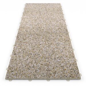 Klick Steinteppich Treppenelement Quarz "Sand" DRAINfloor mit den Maßen 125 cm x 50 cm x 11 mm. Der Steinteppich hat einen gelb-weißen Farbton und einen Rahmen in der Farbe Beige.