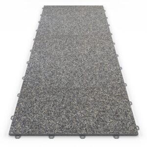 Klick Steinteppich Treppenelement Marmor Schiefer DRAINfloor mit den Maßen 125 cm x 50 cm x 11 mm. Der Steinteppich hat einen dunkelgrauen Farbton und einen Rahmen in der Farbe Grau.