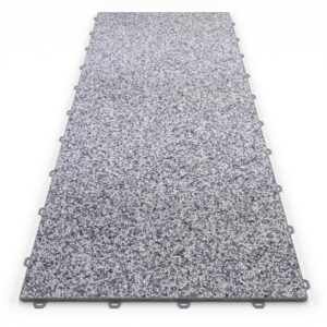 Klick Steinteppich Treppenelement Quarz "Silber" DRAINfloor mit den Maßen 125 cm x 50 cm x 11 mm. Der Steinteppich hat einen silber-weißen Farbton und einen Rahmen in der Farbe Grau.