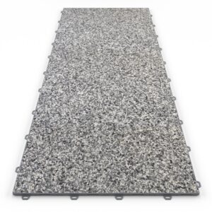 Klick Steinteppich Treppenelement Marmor Teneriffa DRAINfloor mit den Maßen 125 cm x 50 cm x 11 mm. Der Steinteppich hat einen grau-weißen Farbton und einen Rahmen in der Farbe Grau.