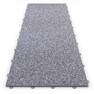 Klick Steinteppich Treppenelement Quarz "Zink" DRAINfloor mit den Maßen 125 cm x 50 cm x 11 mm. Der Steinteppich hat einen grau-schwarzen Farbton und einen Rahmen in der Farbe Grau.