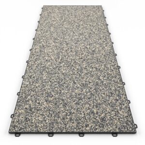 Klick Steinteppich Treppenelement Marmor Winter Night DRAINfloor mit den Maßen 125 cm x 50 cm x 11 mm. Der Steinteppich hat einen grau-beigen Farbton und einen Rahmen in der Farbe Anthrazit.