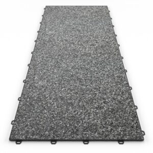 Klick Steinteppich Treppenelement Marmor Tahiti DRAINfloor mit den Maßen 125 cm x 50 cm x 11 mm. Der Steinteppich hat einen dunkelgrauen Farbton und einen Rahmen in der Farbe Anthrazit.